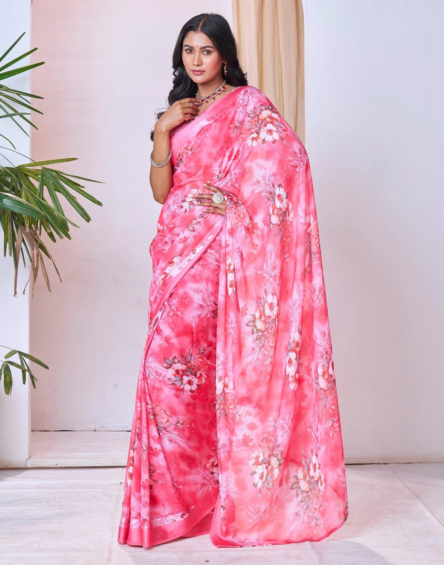 Ready To Wear Blush Pink Georgette Floral Printed Saree