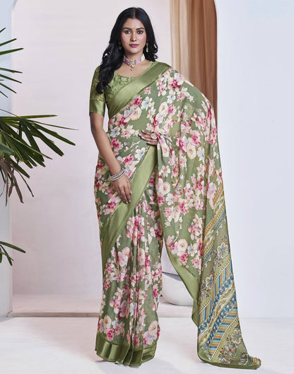 Ready To Wear Olive Green Georgette Floral Printed Saree
