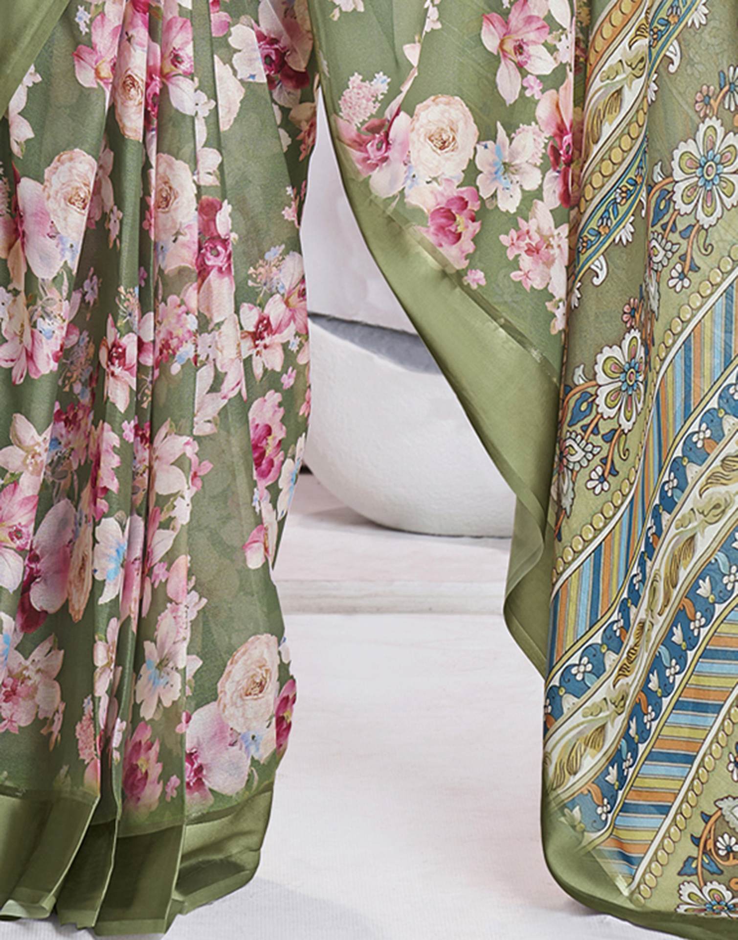 Ready To Wear Olive Green Georgette Floral Printed Saree