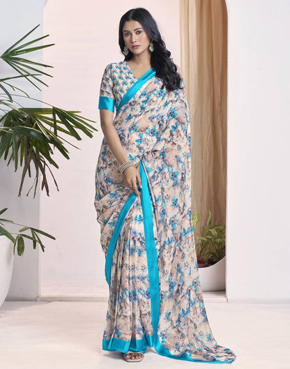 Ready To Wear Teal Blue Georgette Floral Printed Saree