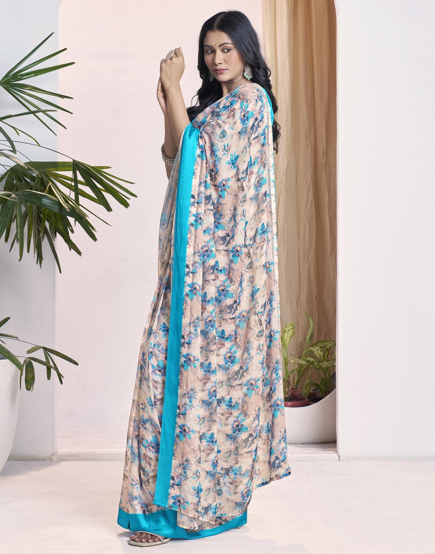 Ready To Wear Teal Blue Georgette Floral Printed Saree