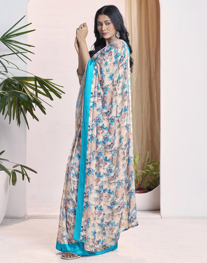 Ready To Wear Teal Blue Georgette Floral Printed Saree