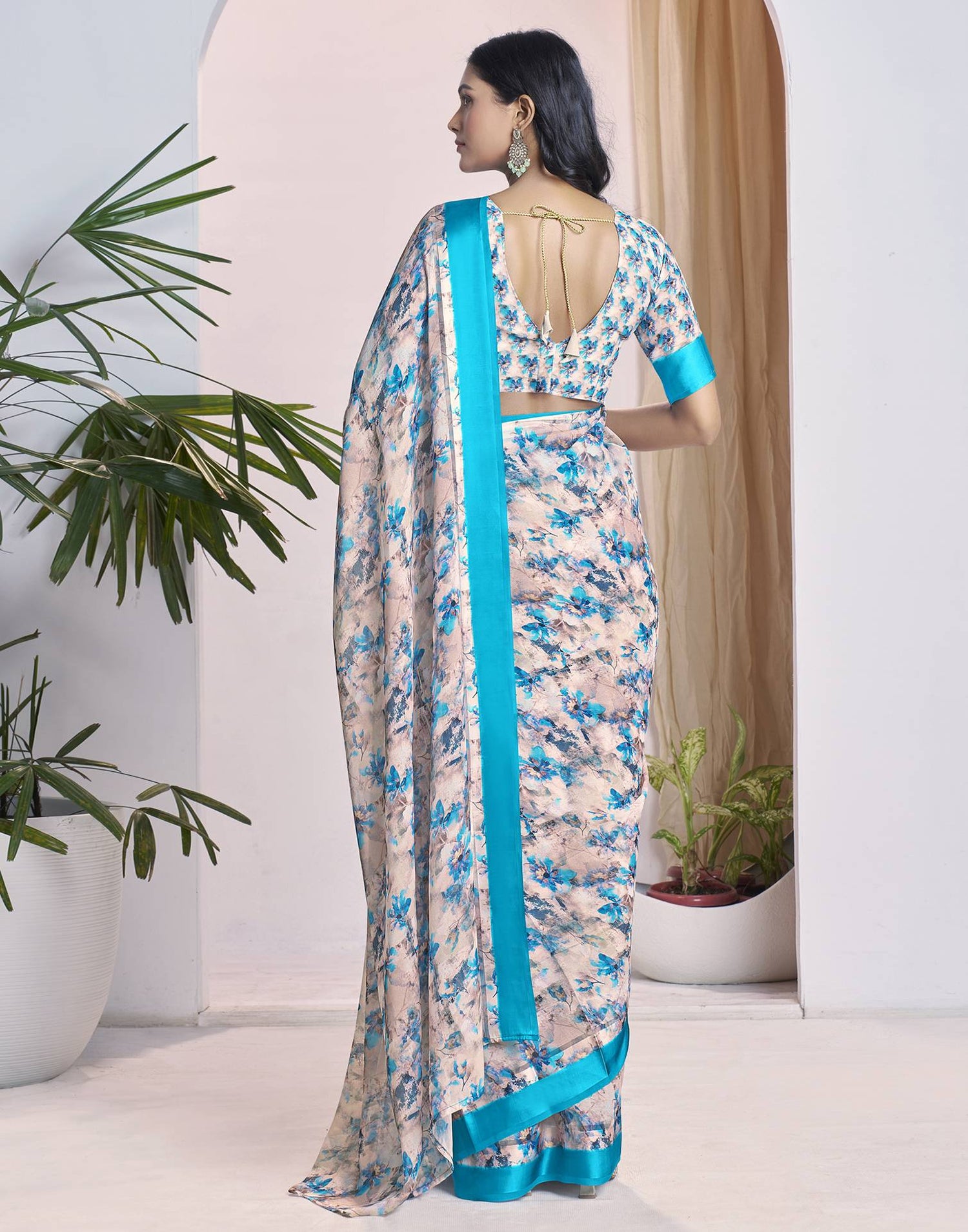 Ready To Wear Teal Blue Georgette Floral Printed Saree