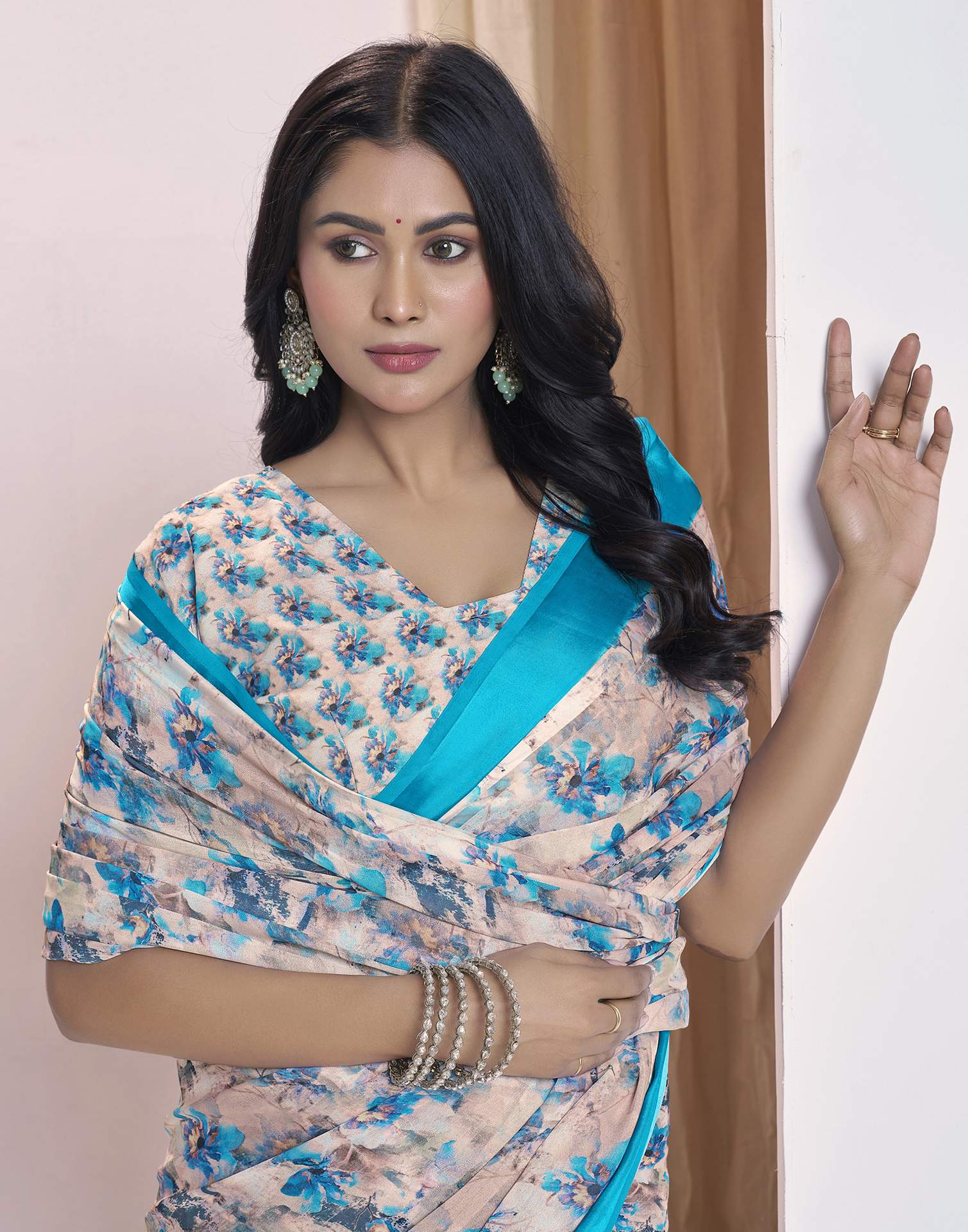 Ready To Wear Teal Blue Georgette Floral Printed Saree