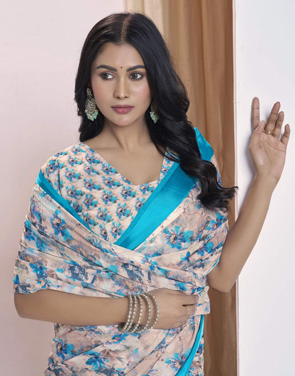 Ready To Wear Teal Blue Georgette Floral Printed Saree