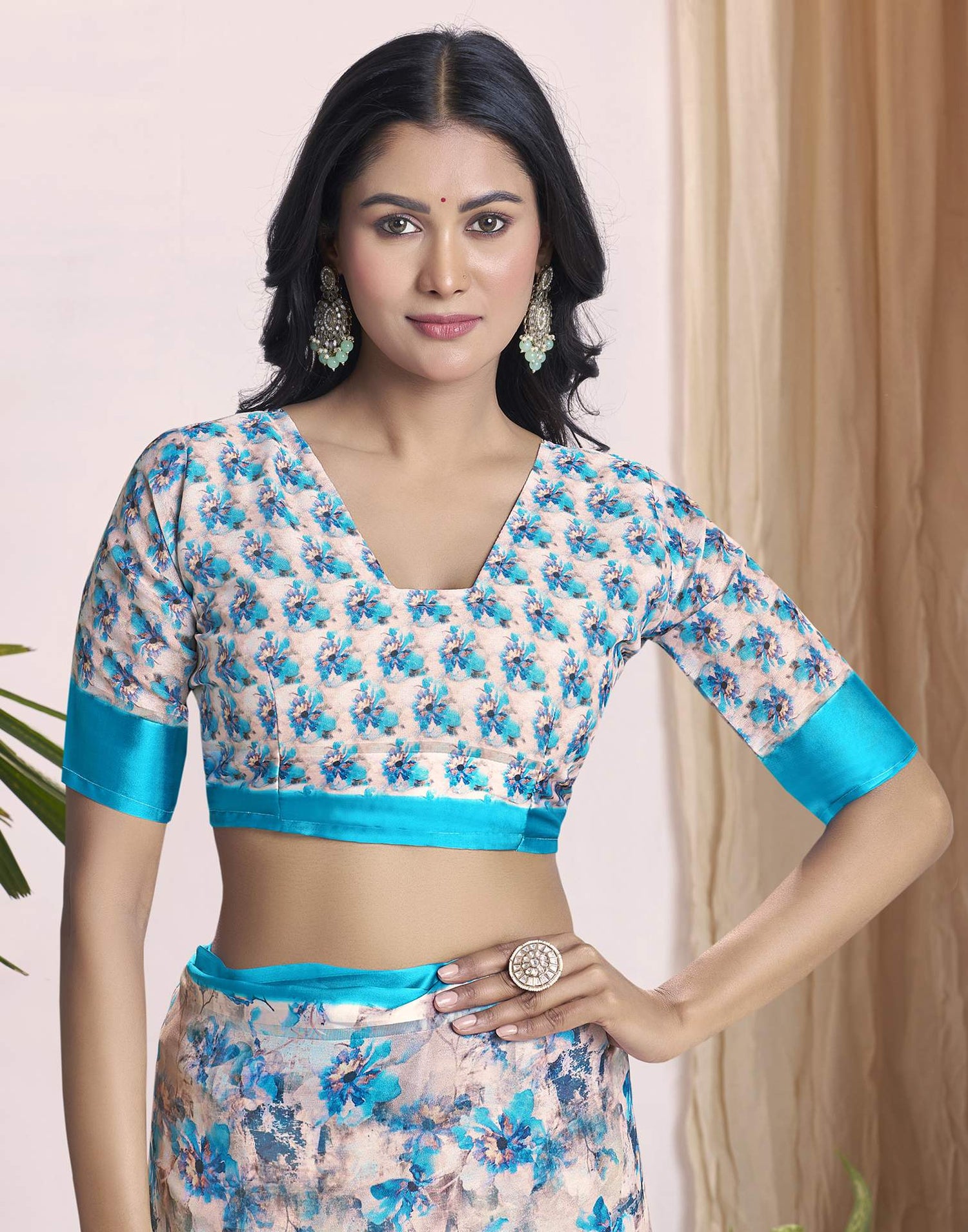 Ready To Wear Teal Blue Georgette Floral Printed Saree