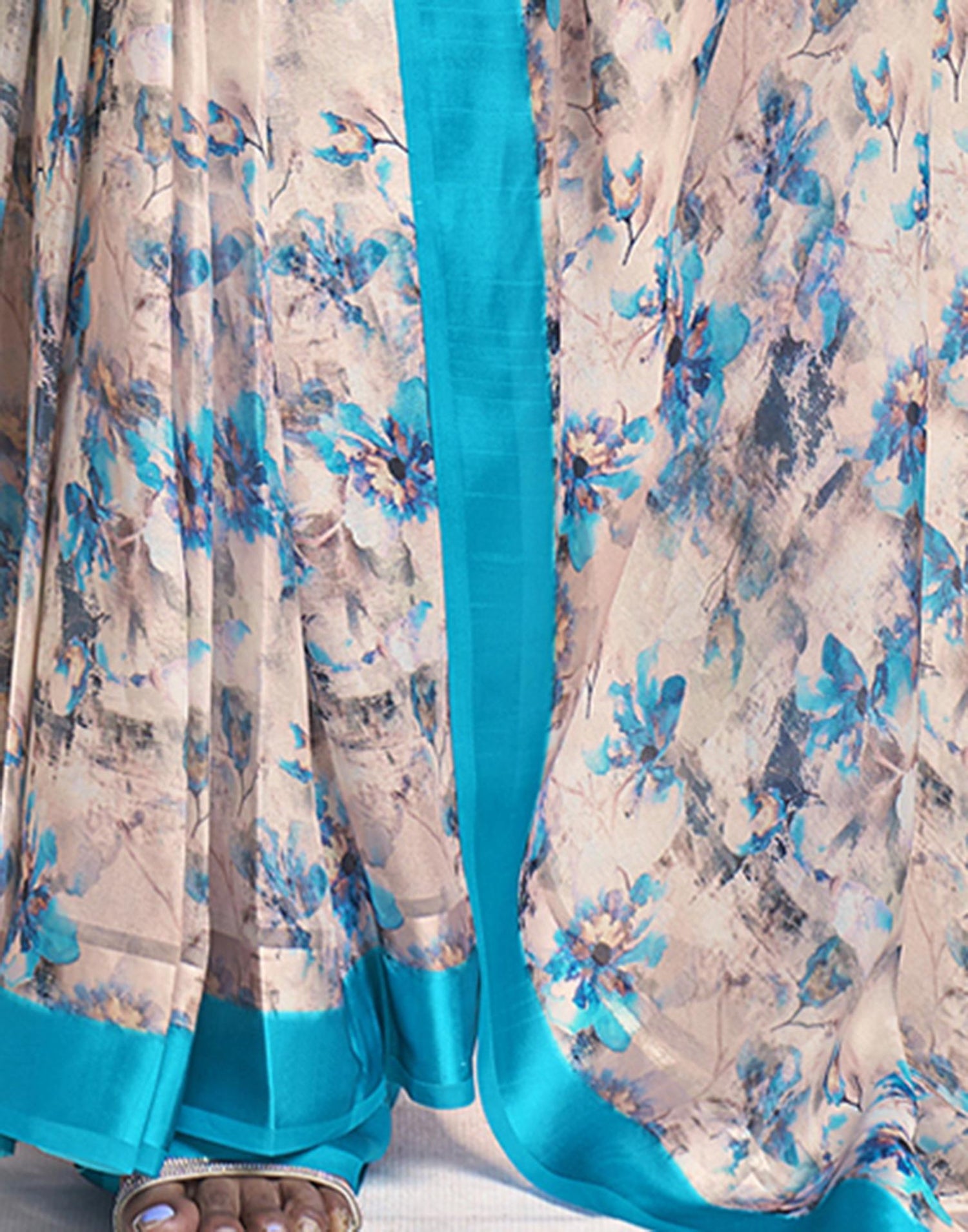 Ready To Wear Teal Blue Georgette Floral Printed Saree