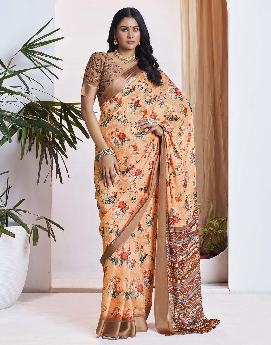 Ready To Wear Light Orange Georgette Floral Printed Saree