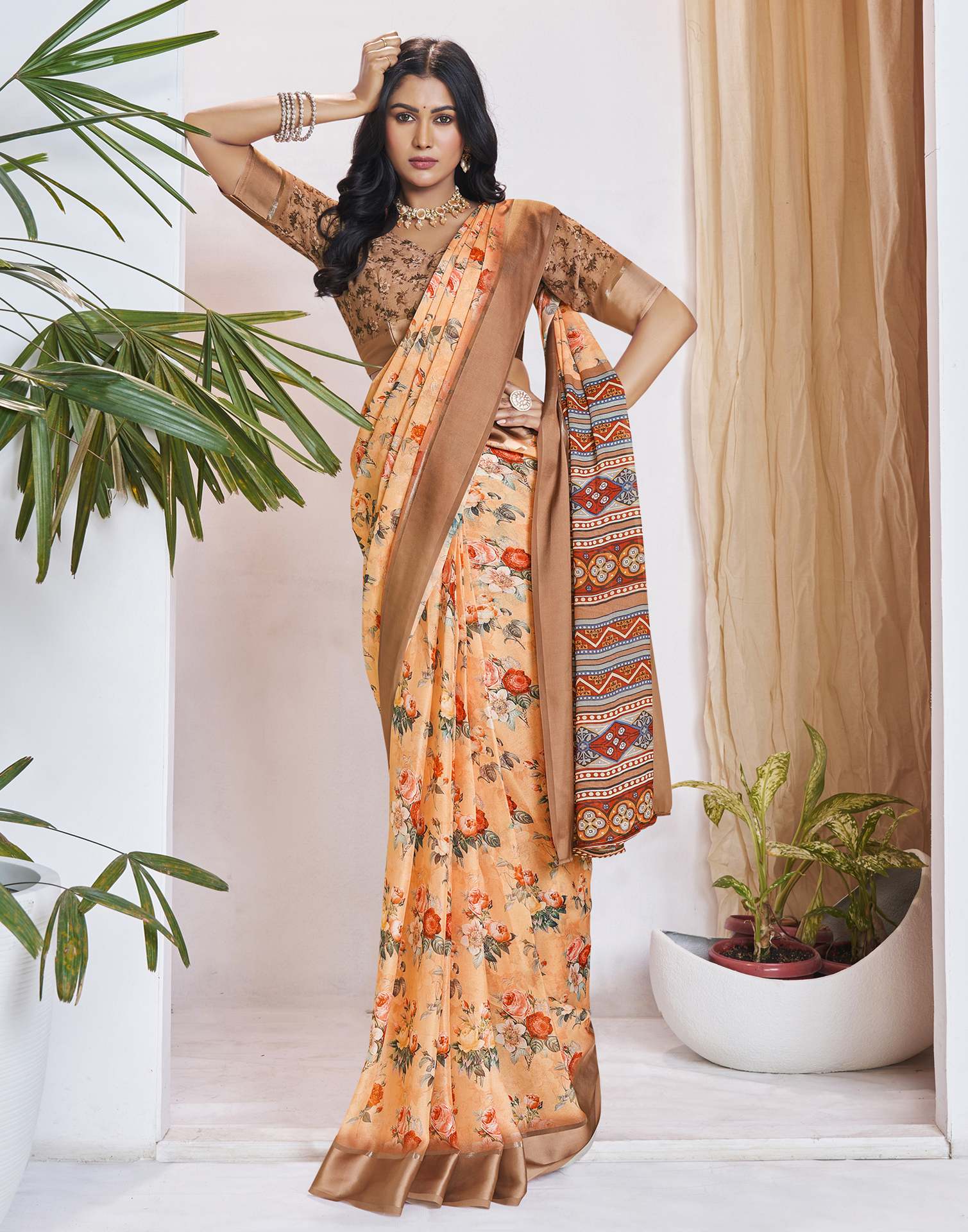 Ready To Wear Light Orange Georgette Floral Printed Saree