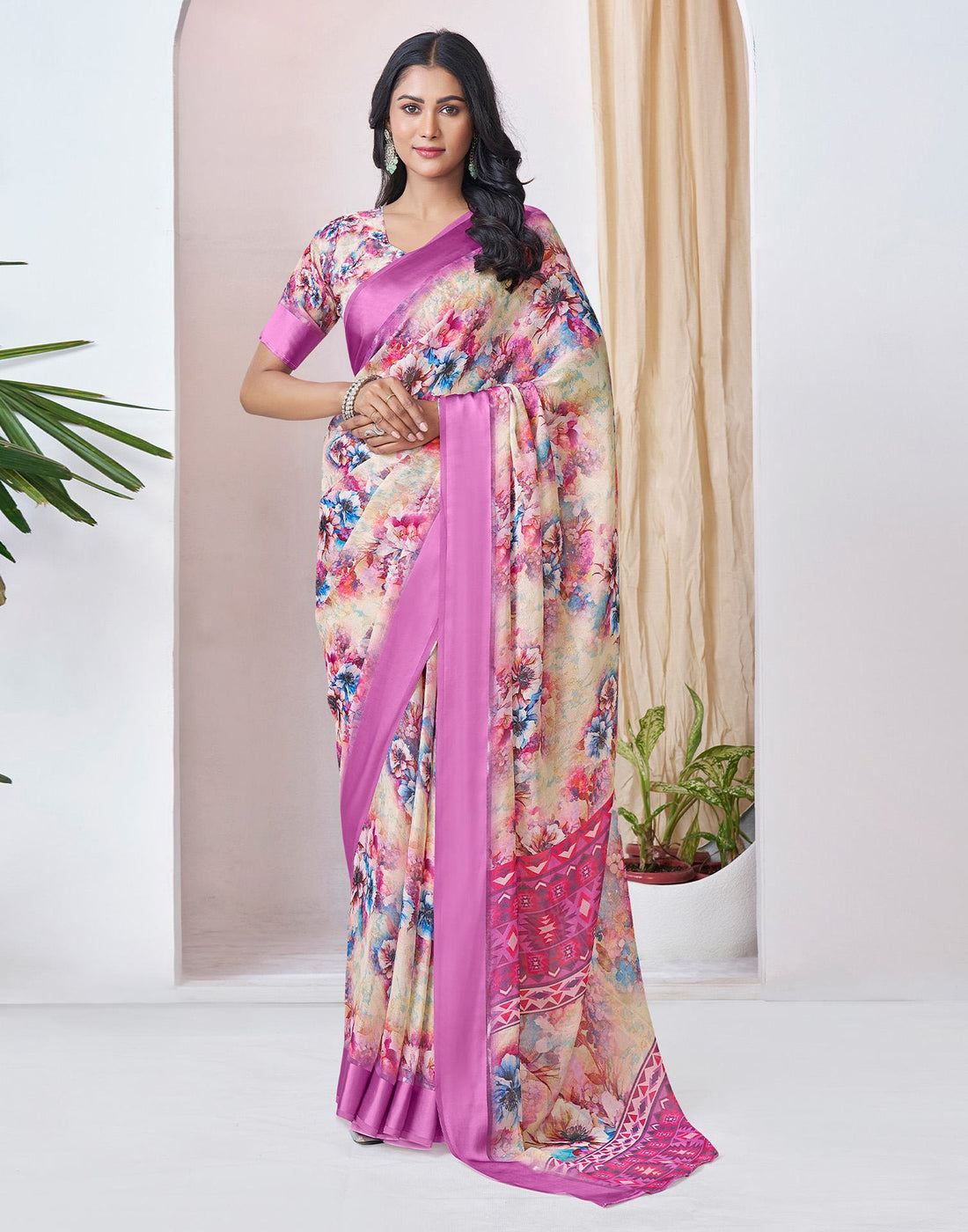 Ready To Wear Pink Georgette Floral Printed Saree