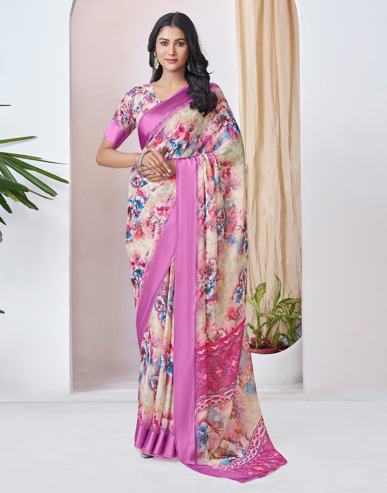 Ready To Wear Pink Georgette Floral Printed Saree