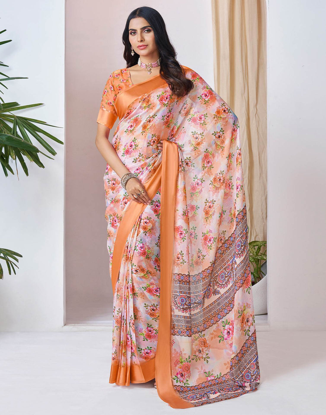 Ready To Wear Orange Georgette Floral Printed Saree