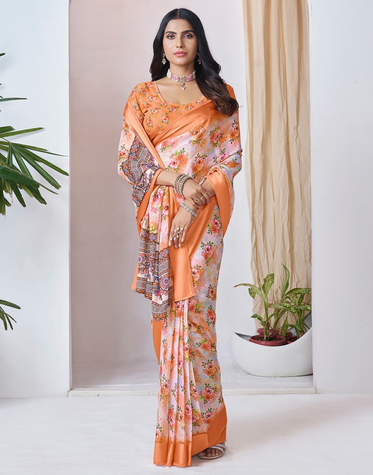 Ready To Wear Orange Georgette Floral Printed Saree