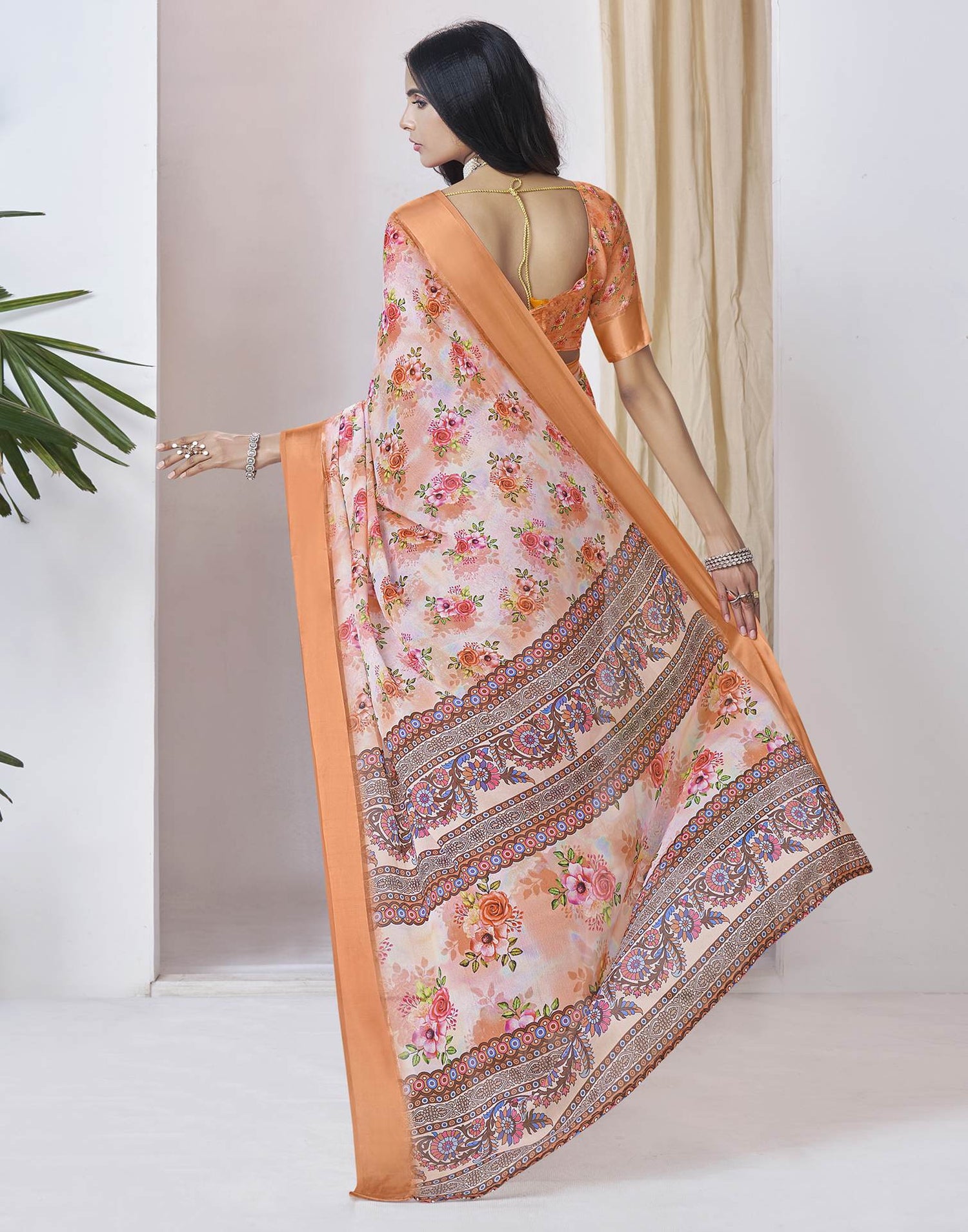 Ready To Wear Orange Georgette Floral Printed Saree