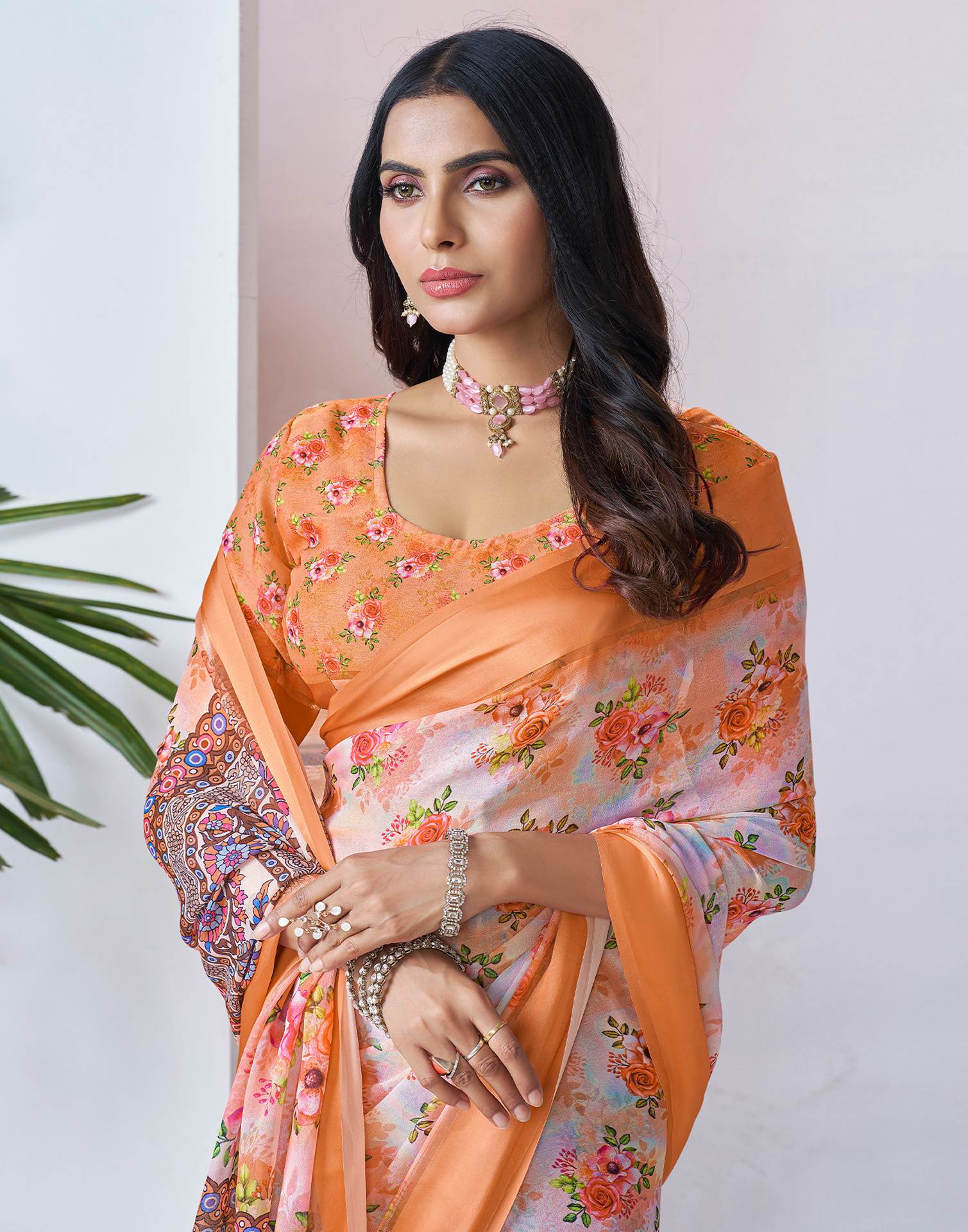 Ready To Wear Orange Georgette Floral Printed Saree