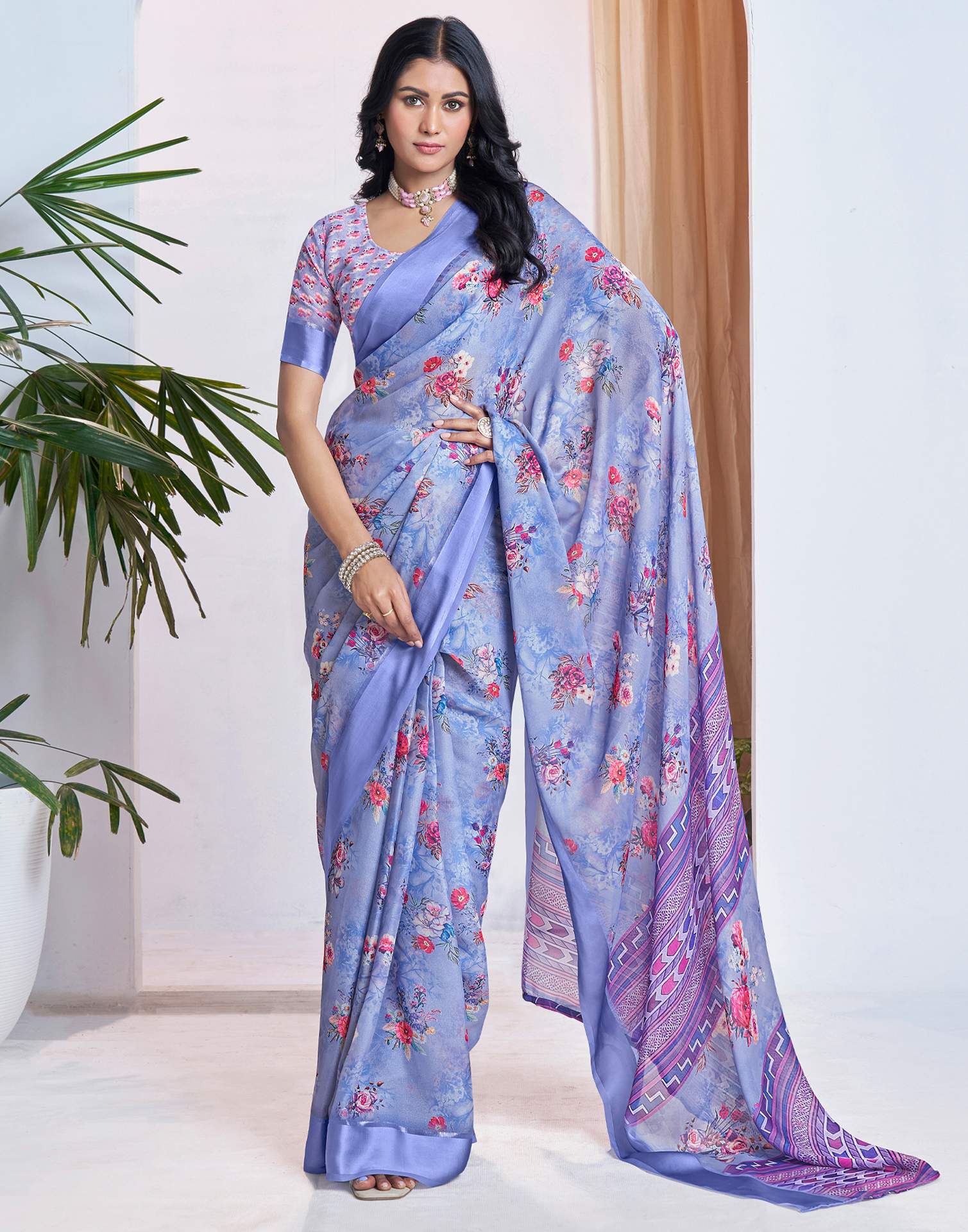 Ready To Wear Blue Georgette Floral Printed Saree