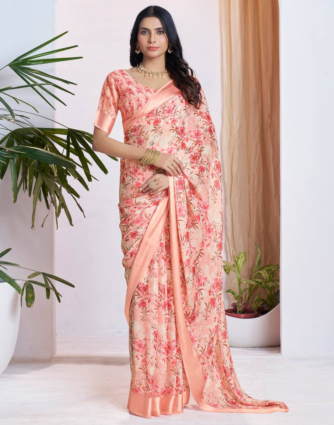 Ready To Wear Peach Georgette Floral Printed Saree