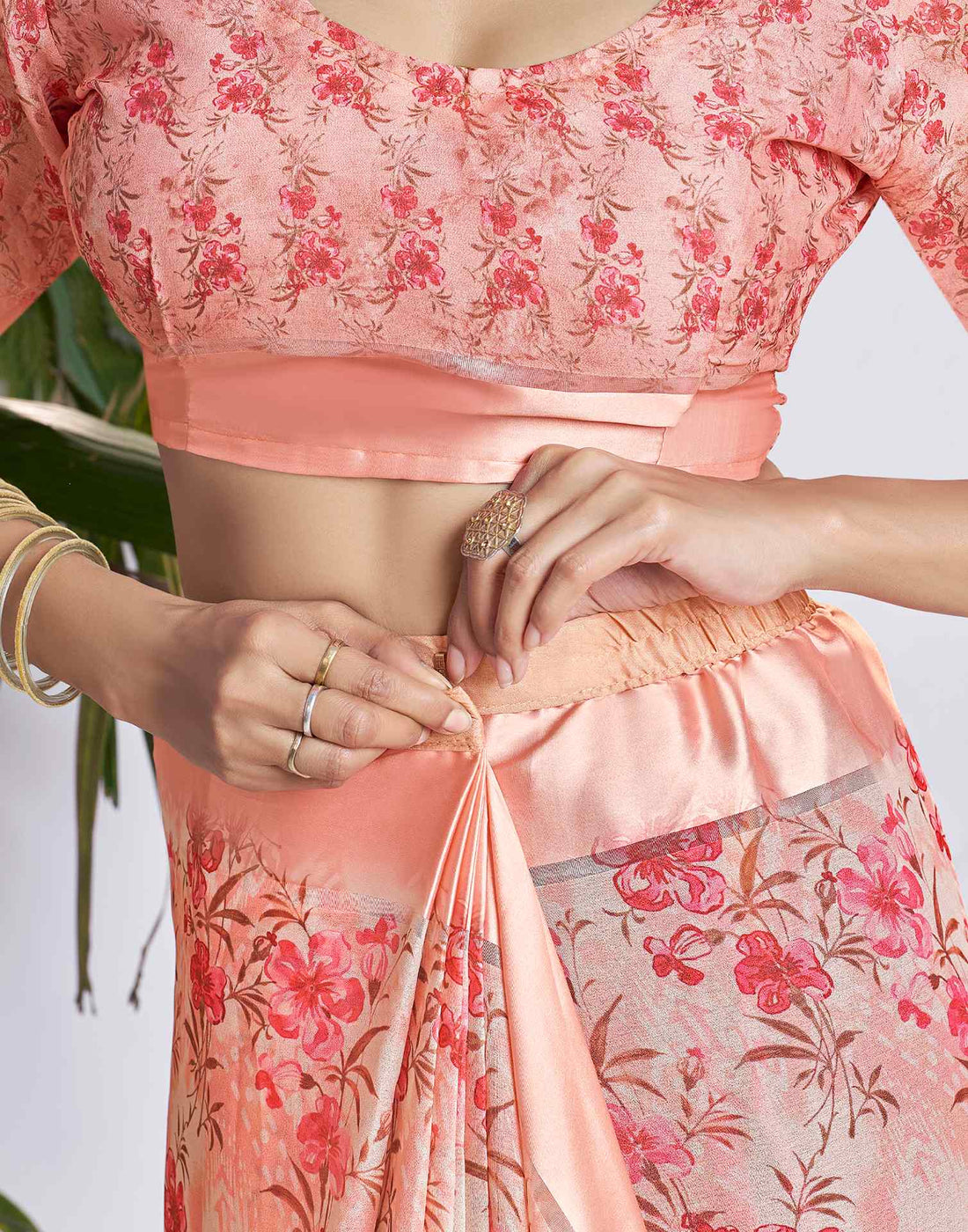Ready To Wear Peach Georgette Floral Printed Saree