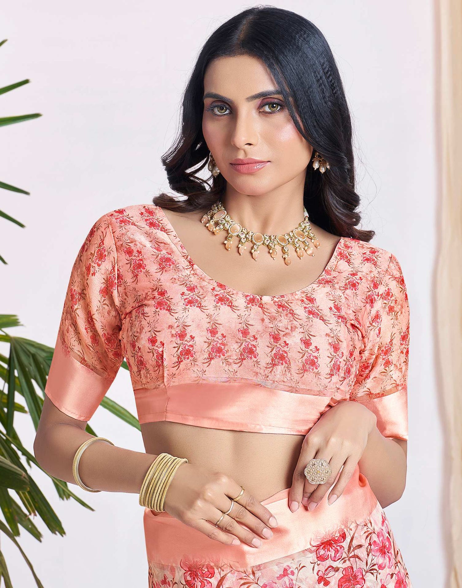 Ready To Wear Peach Georgette Floral Printed Saree