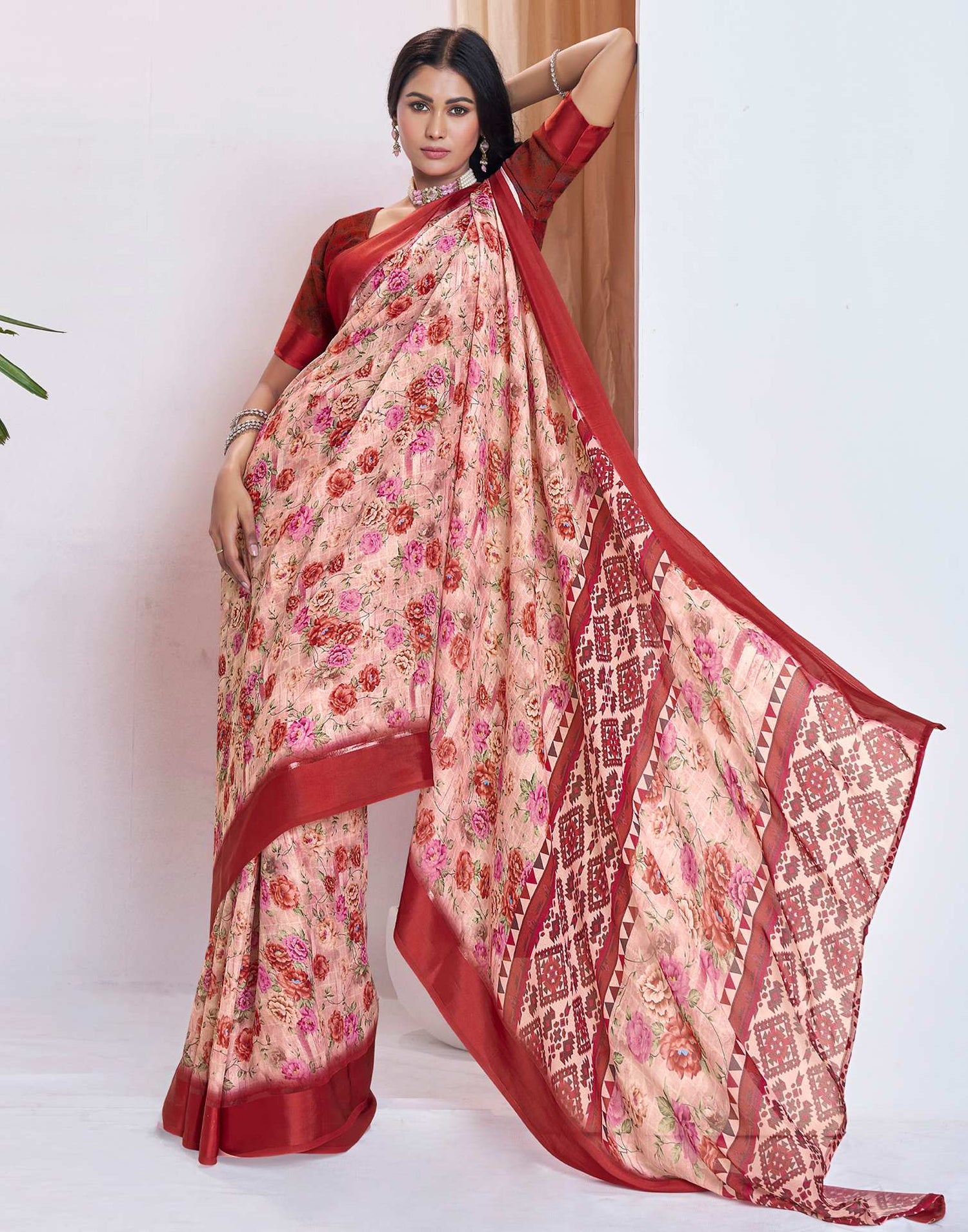 Ready To Wear Light Peach Georgette Floral Printed Saree