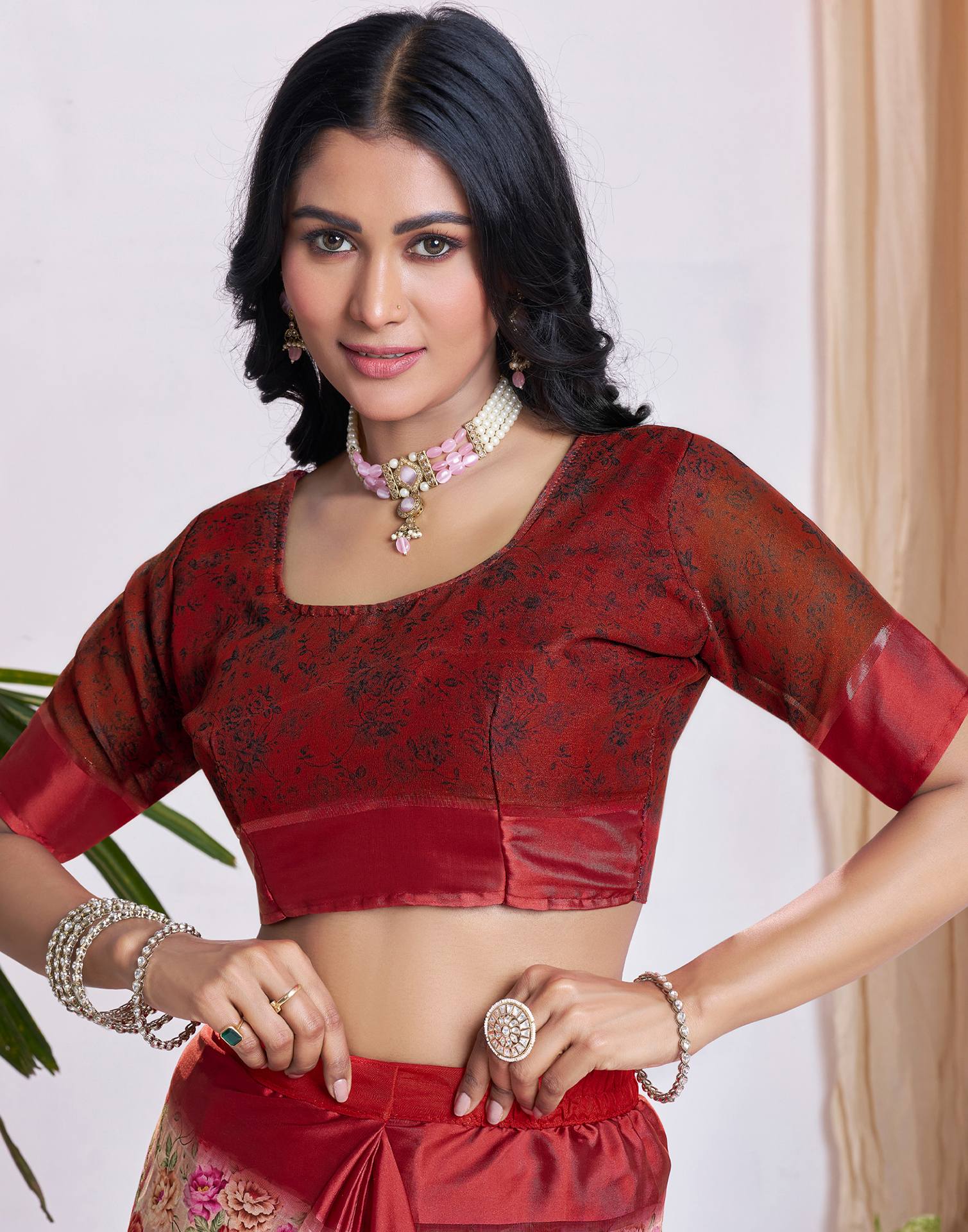 Ready To Wear Light Peach Georgette Floral Printed Saree