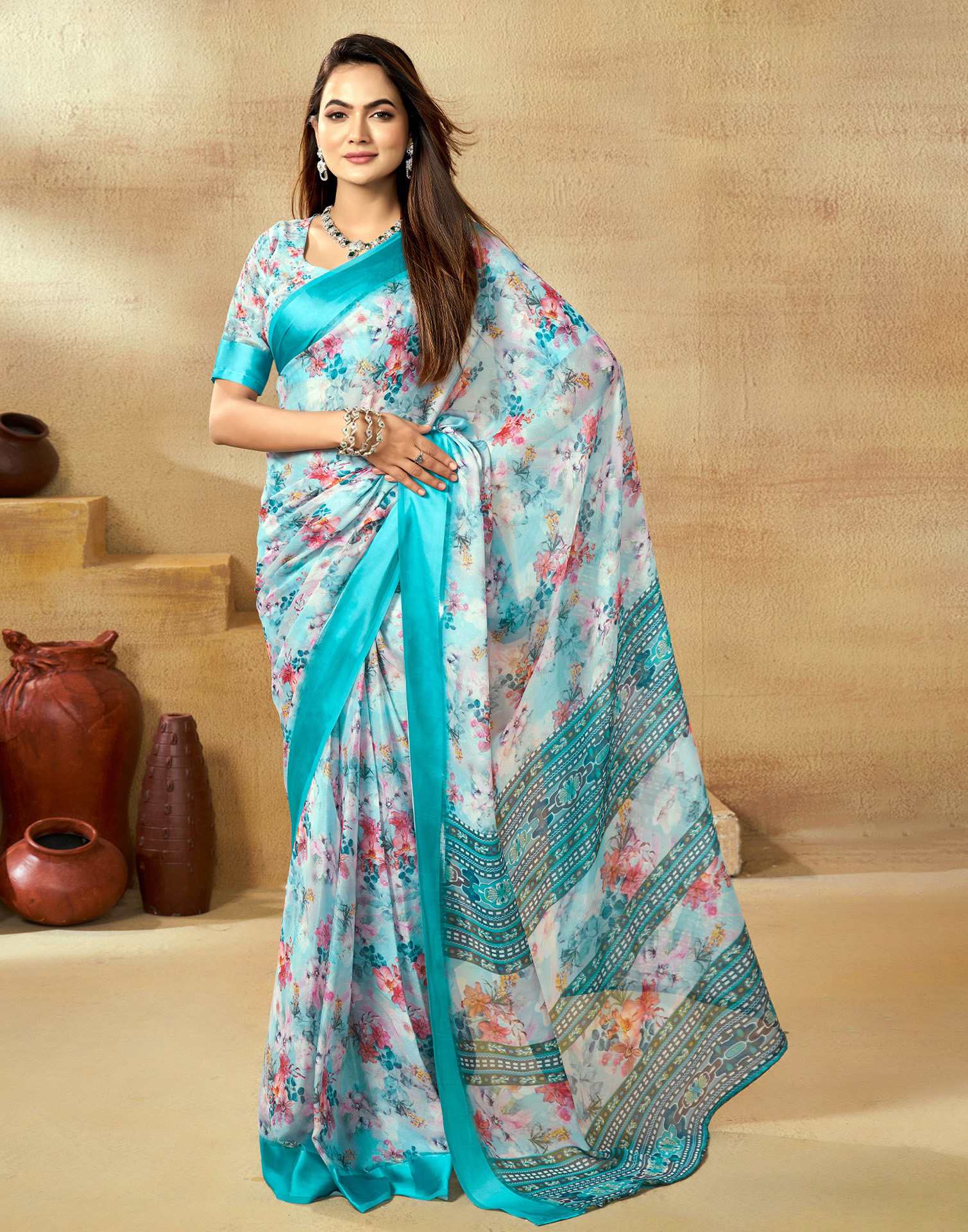 Ready To Wear Sea Blue Georgette Floral Printed  Saree