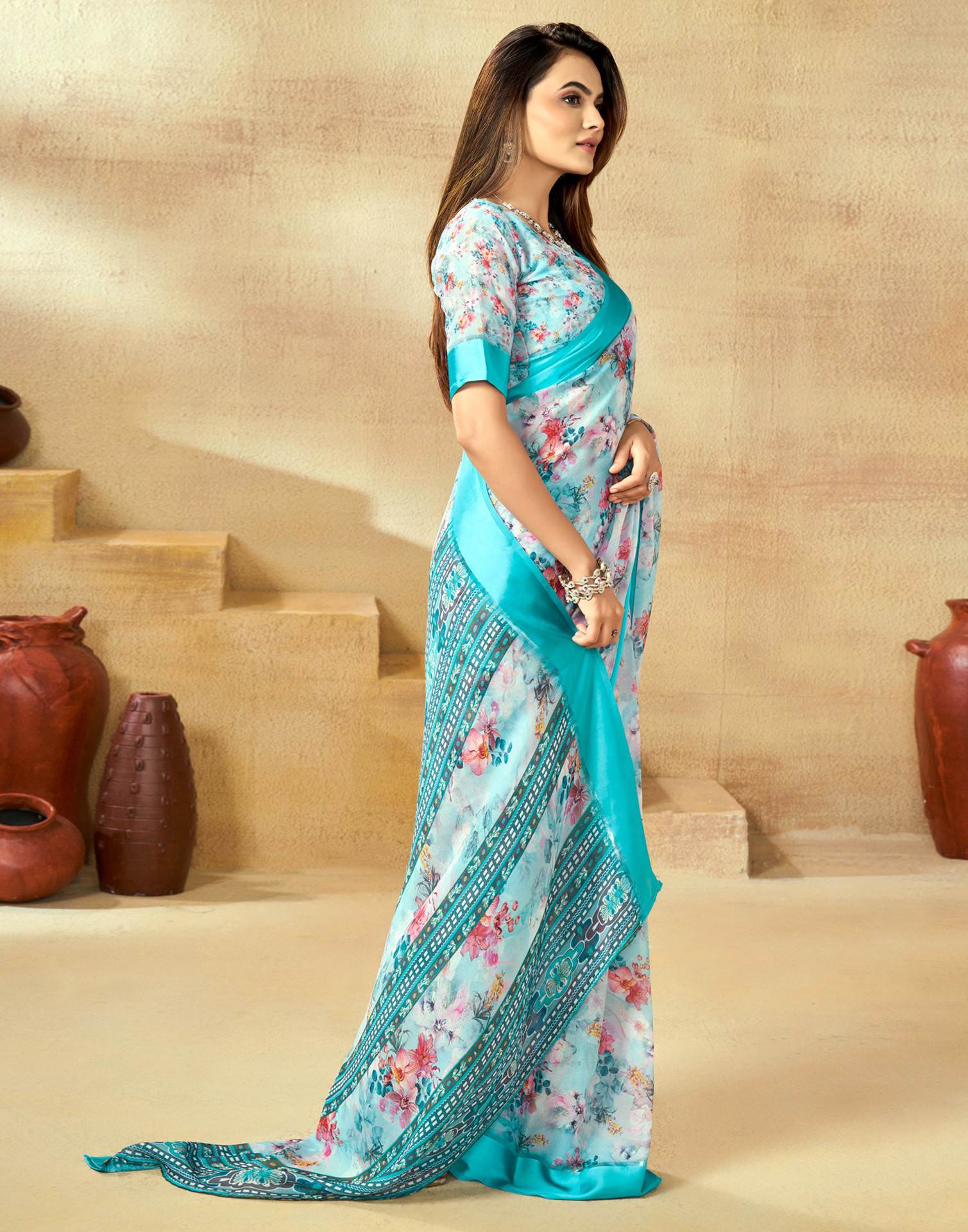 Ready To Wear Sea Blue Georgette Floral Printed  Saree