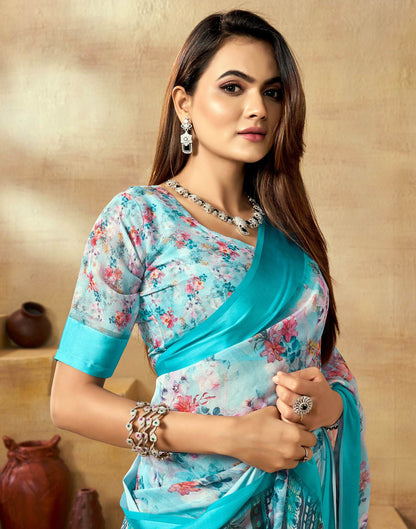Ready To Wear Sea Blue Georgette Floral Printed  Saree