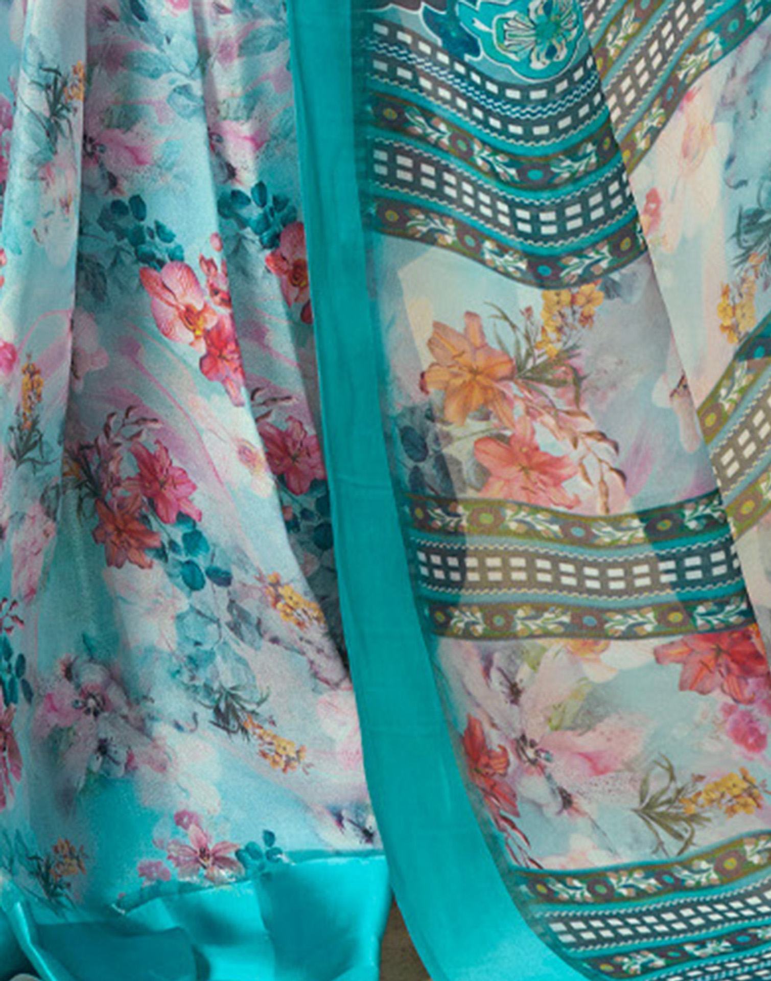 Ready To Wear Sea Blue Georgette Floral Printed  Saree