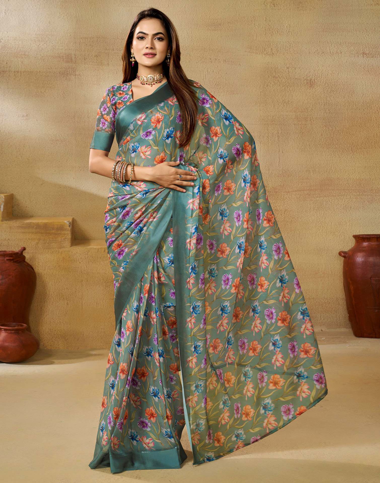 Ready To Wear Mineral Green Georgette Floral Printed Saree