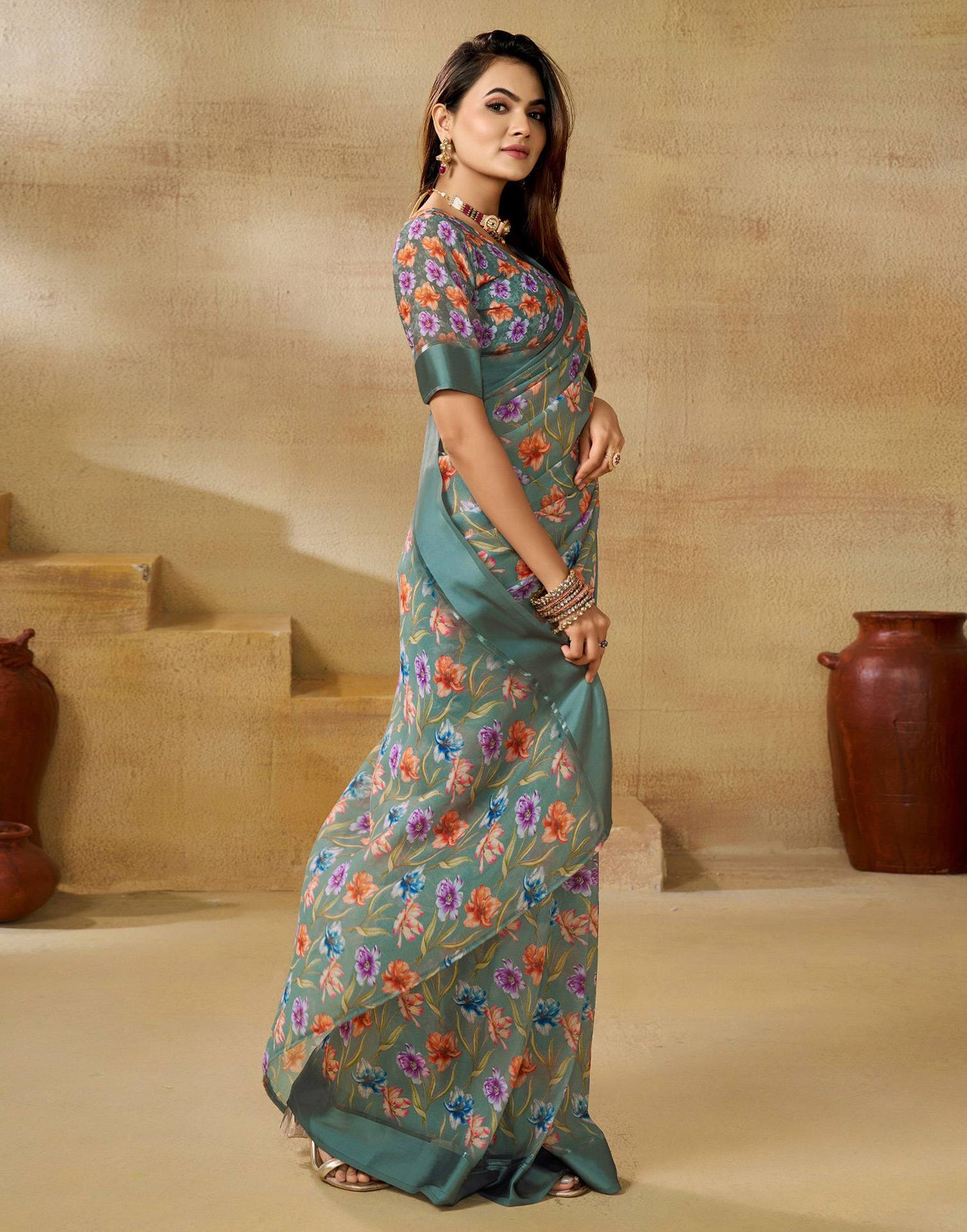 Ready To Wear Mineral Green Georgette Floral Printed Saree