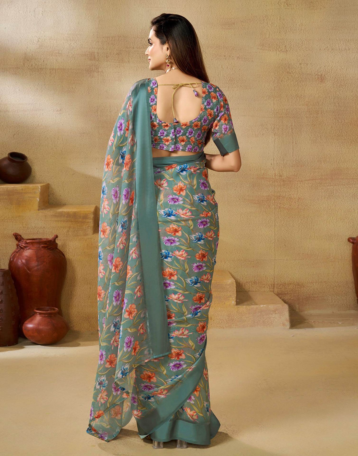 Ready To Wear Mineral Green Georgette Floral Printed Saree
