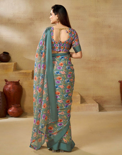 Ready To Wear Mineral Green Georgette Floral Printed Saree