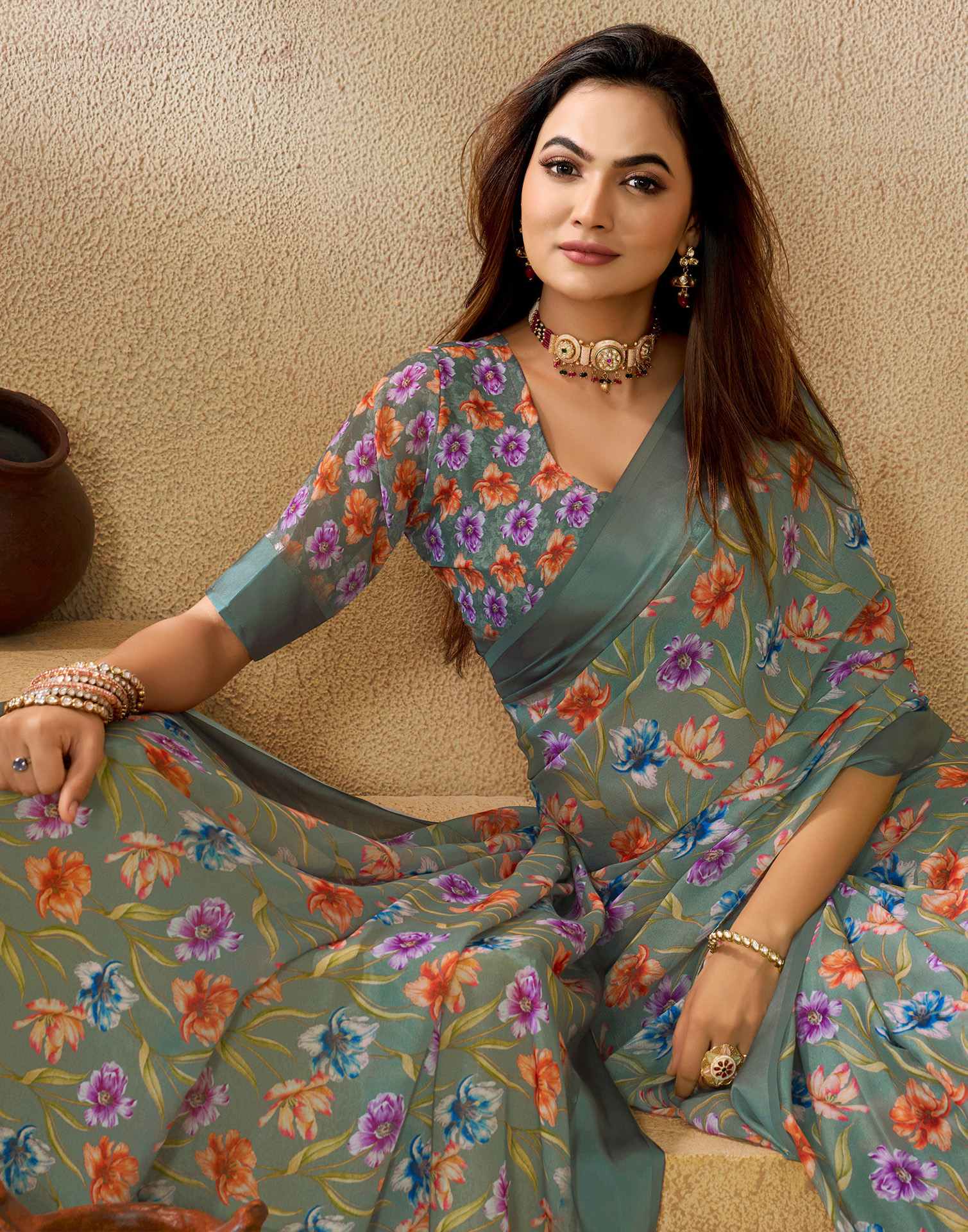 Ready To Wear Mineral Green Georgette Floral Printed Saree