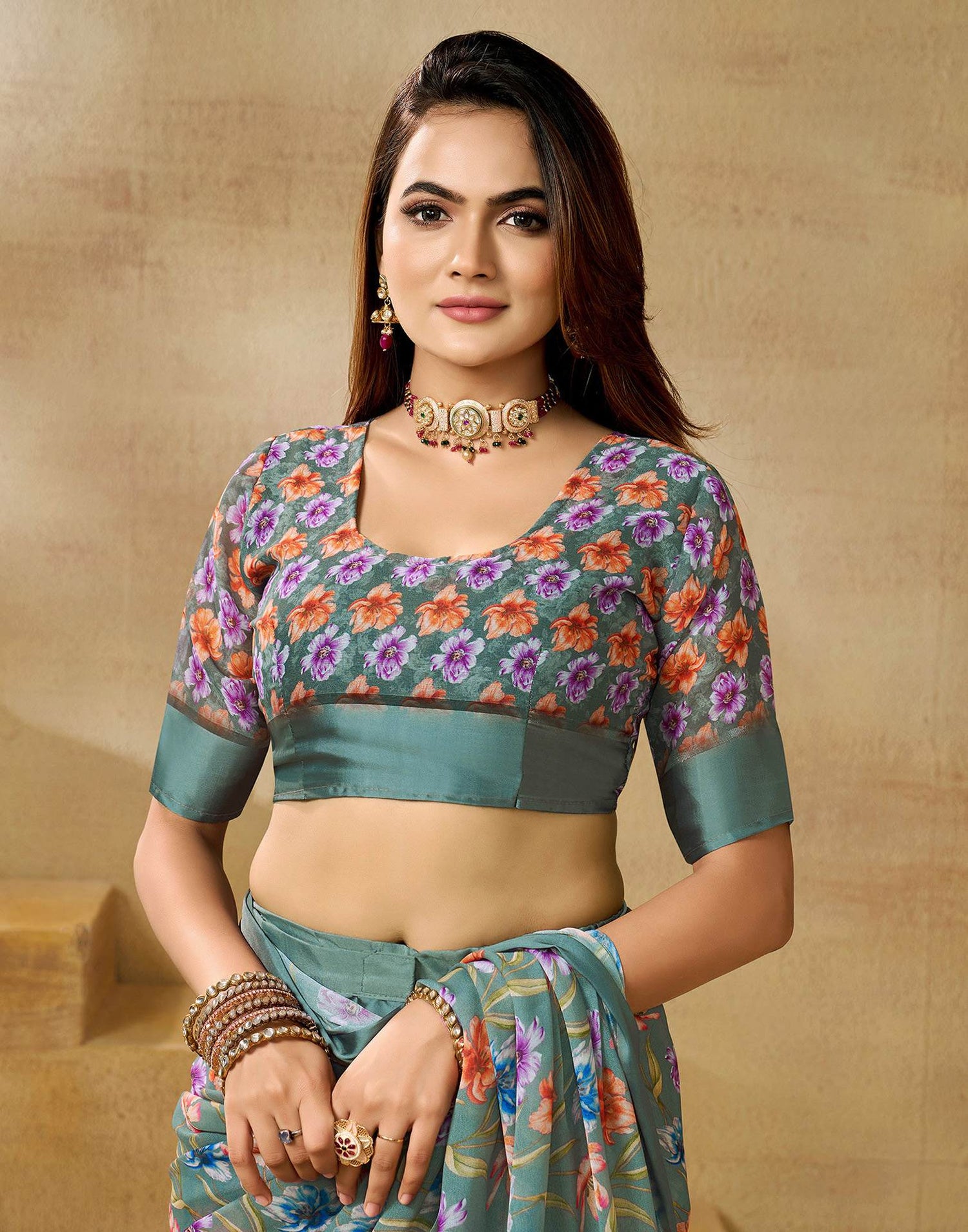 Ready To Wear Mineral Green Georgette Floral Printed Saree
