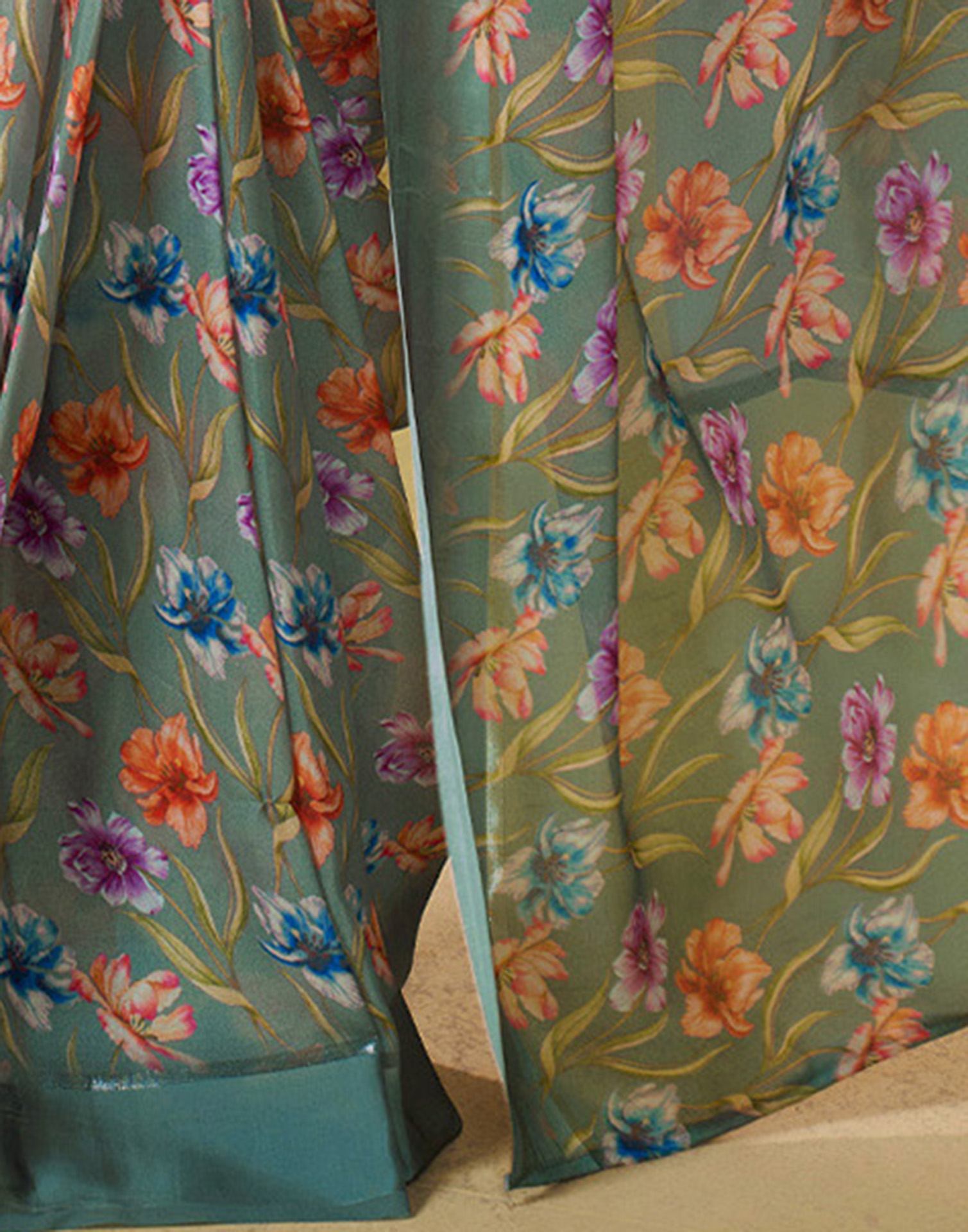 Ready To Wear Mineral Green Georgette Floral Printed Saree