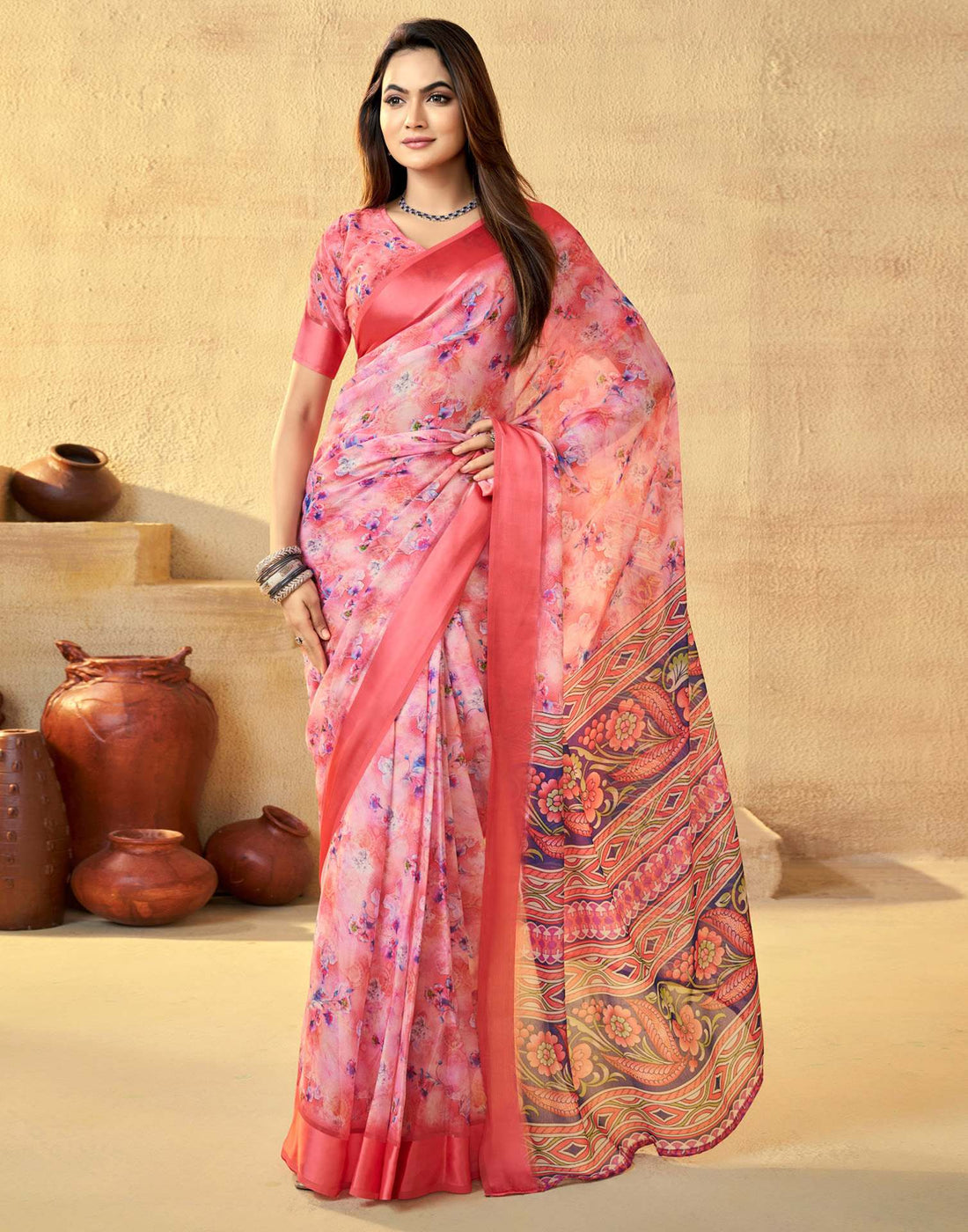 Ready To Wear Coral Red Georgette Floral Printed Saree