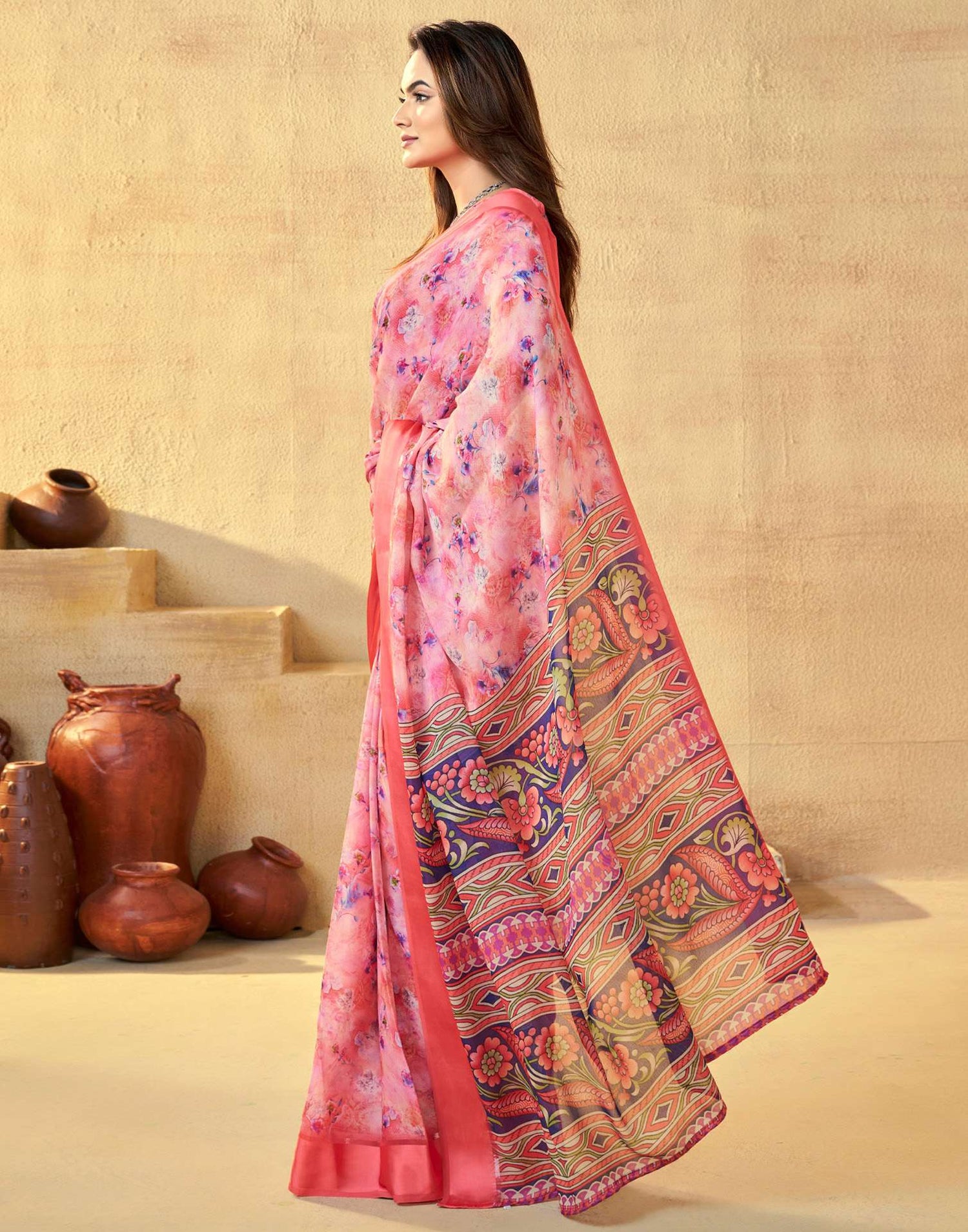 Ready To Wear Coral Red Georgette Floral Printed Saree