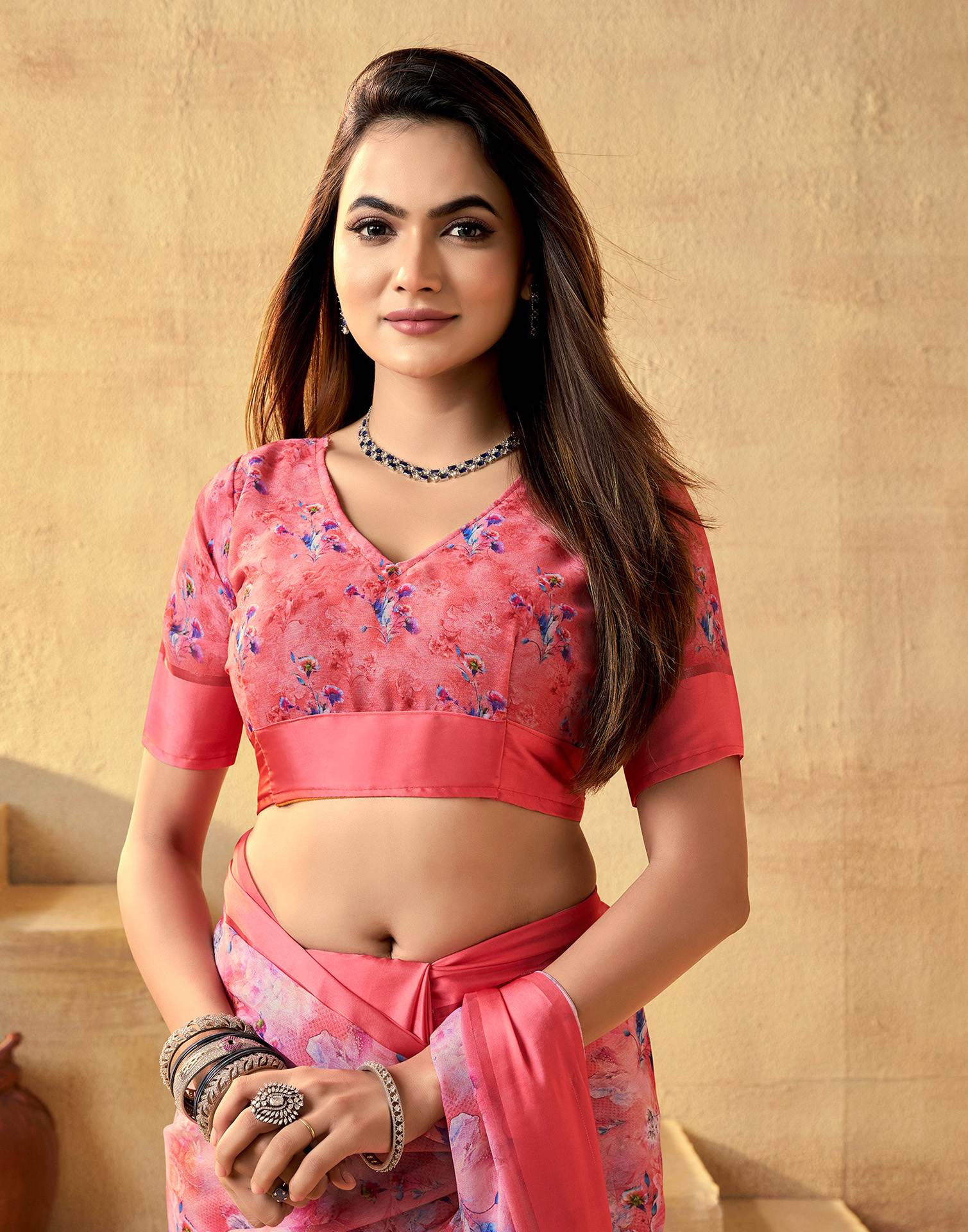 Ready To Wear Coral Red Georgette Floral Printed Saree