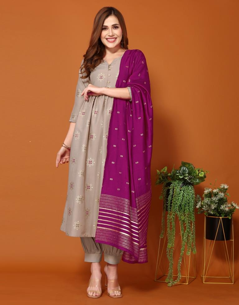 Light Khahi Plain Chinnon Flared Kurta Set With Dupatta