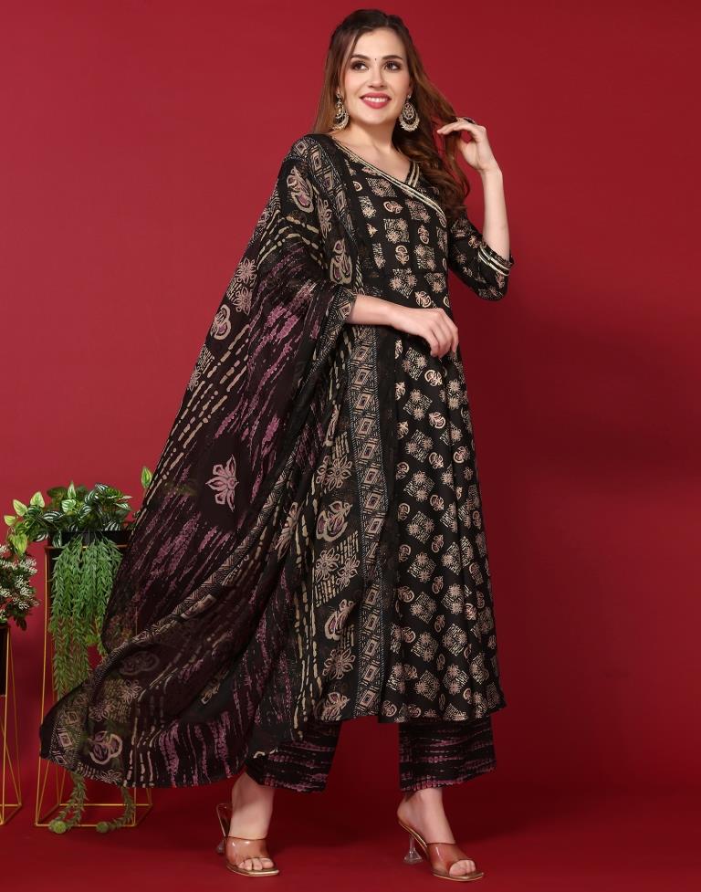 Black Cotton Printed Flared Kurta Kurti With Pant And Dupatta | Leemboodi