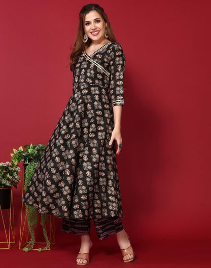 Black Cotton Printed Flared Kurta Kurti With Pant And Dupatta | Leemboodi