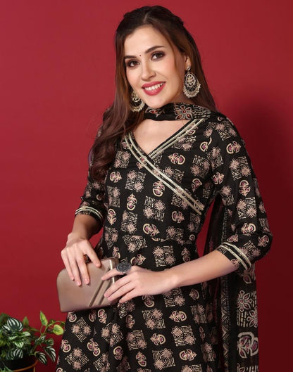 Black Cotton Printed Flared Kurta Kurti With Pant And Dupatta | Leemboodi