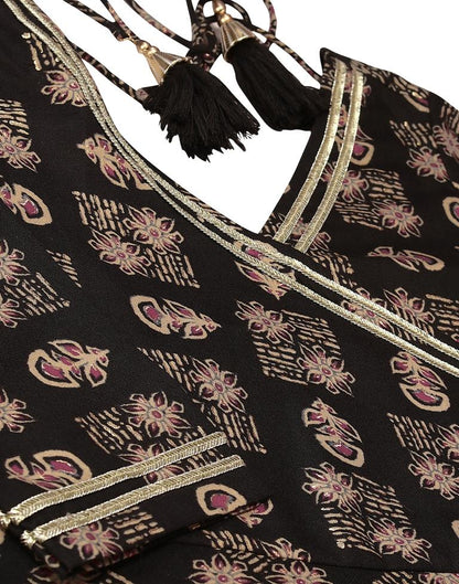 Black Cotton Printed Flared Kurta Kurti With Pant And Dupatta | Leemboodi