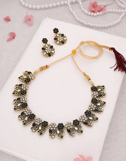 Black Gold Choker Necklace Set With Dangle Earring