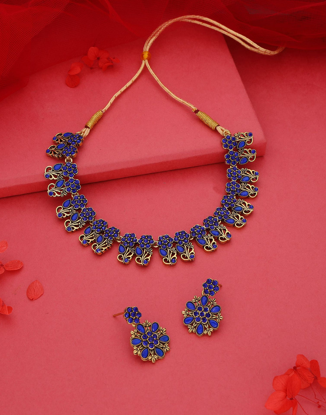 Blue Gold Choker Necklace Set With Dangle Earring