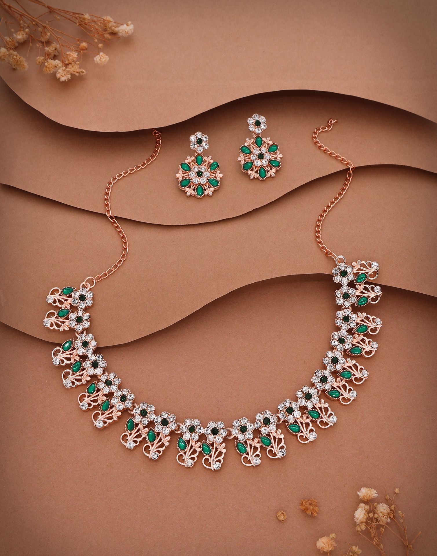 Green Rose Gold Choker Necklace Set With Dangle Earring