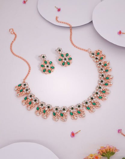 Green Rose Gold Choker Necklace Set With Dangle Earring