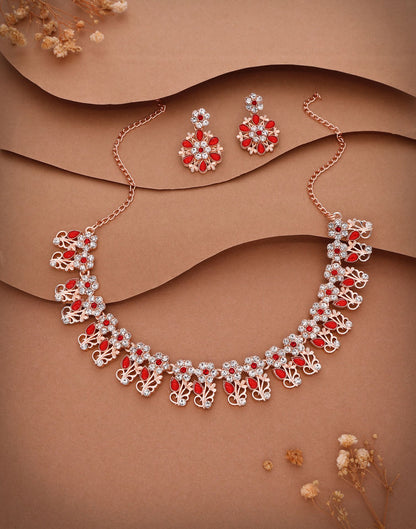 Red Rose Gold Choker Necklace Set With Dangle Earring