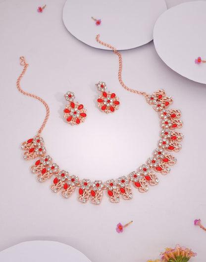 Red Rose Gold Choker Necklace Set With Dangle Earring